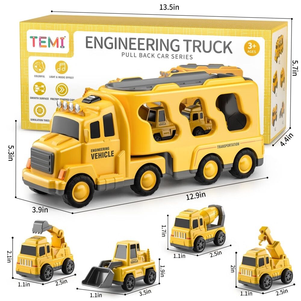 5-in-1 Construction Truck for 3-9 Year Old Boys and Girls - Friction Power Vehicle Car for Toddlers 1-3,Carrier for Kids 3-5 - Christmas and Birthday Gifts