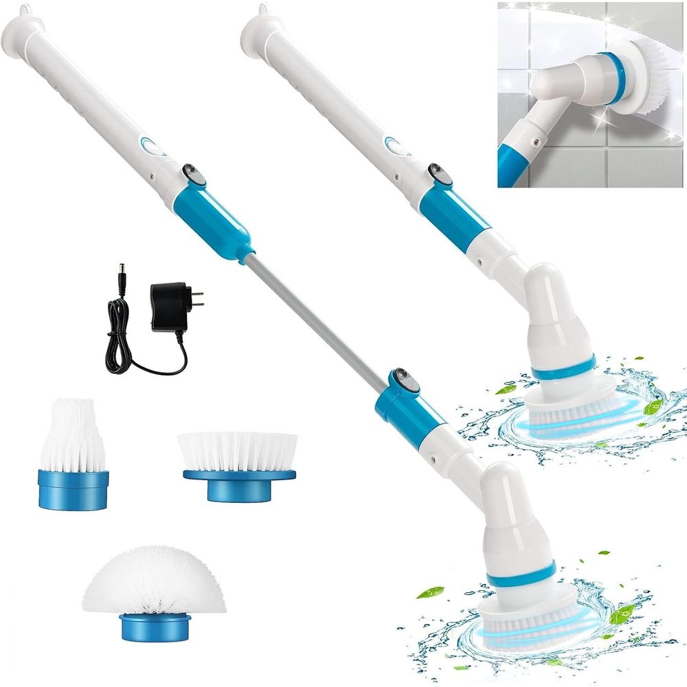 Electric Spin Scrubber,Cordless Spin Scrubber Shower Cleaning Brush with 3 Replaceable Brush Heads and Adjustable Extension Handle,Power Cleaning Brush for Bathroom Floor Toilet