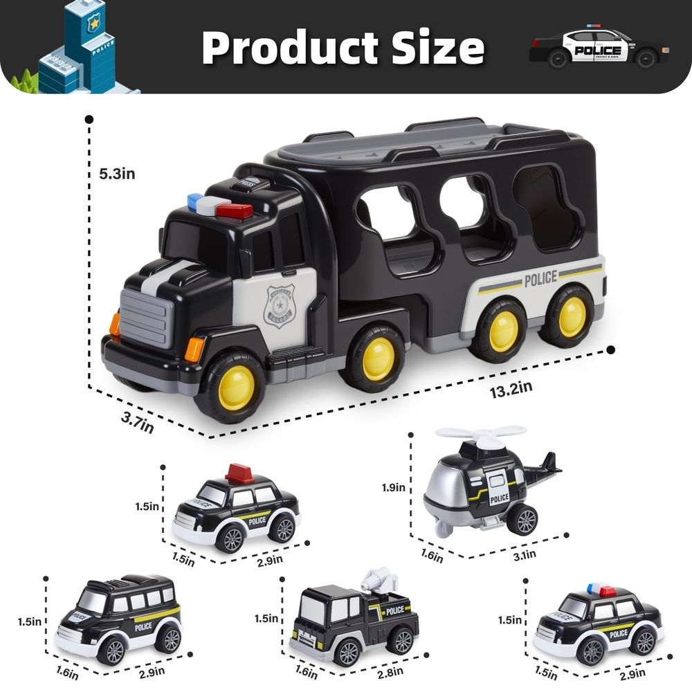 Carrier Truck Transport Car ,7-in-1 Police Truck Toy Vehicle Set with 4 Toy Cars & 1 Helicopter,Friction Powered Car Toys for Toddlers Kids 2 3 4 5 Years Old