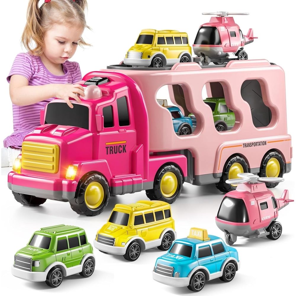 Girls Toddler Truck Toys for 3 4 5 6 Year Old Girls,5-in-1 Friction Power Vehicle Car Toy for Toddlers 3-6,Carrier Toys for Kids 3-5,Christmas Birthday Gifts for Girls Age 3-8