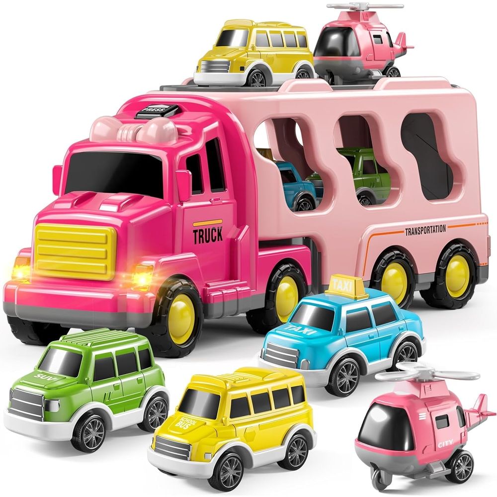 Girls Toddler Truck Toys for 3 4 5 6 Year Old Girls,5-in-1 Friction Power Vehicle Car Toy for Toddlers 3-6,Carrier Toys for Kids 3-5,Christmas Birthday Gifts for Girls Age 3-8