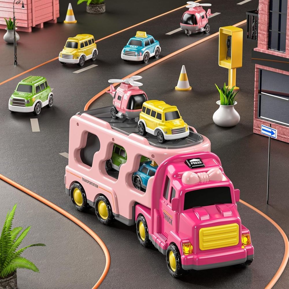 Girls Toddler Truck Toys for 3 4 5 6 Year Old Girls,5-in-1 Friction Power Vehicle Car Toy for Toddlers 3-6,Carrier Toys for Kids 3-5,Christmas Birthday Gifts for Girls Age 3-8