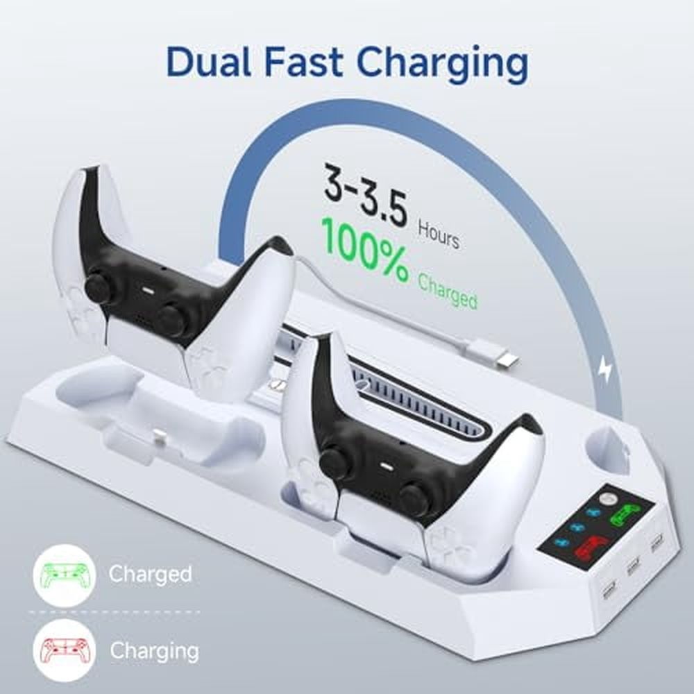 PS5 Cooling Station,PS 5 Pro Stand vertical and 3 Levels Turbo Fan with Dual Charging Station for PlayStation 5 Pro/Slim,PS 5 Accessories Kit,Headset Holder for PS 5 Digital/Disc-White