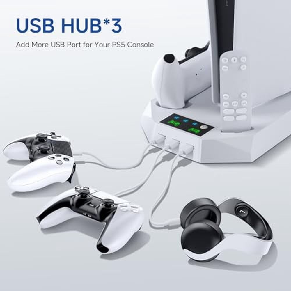 PS5 Cooling Station,PS 5 Pro Stand vertical and 3 Levels Turbo Fan with Dual Charging Station for PlayStation 5 Pro/Slim,PS 5 Accessories Kit,Headset Holder for PS 5 Digital/Disc-White