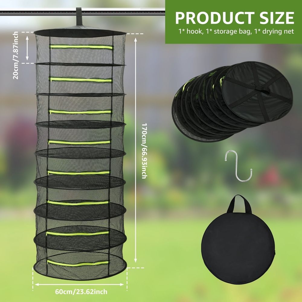 8 Layer Nylon Herb Drying Rack, Collapsible Plant Dryer Net, Well Vented Hanging Drying Rack Mesh with Zipper, 23.6 x 66.9 inches for Grow Tent Herbs Flowers Buds