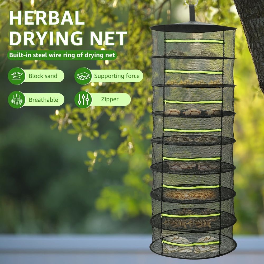 8 Layer Nylon Herb Drying Rack, Collapsible Plant Dryer Net, Well Vented Hanging Drying Rack Mesh with Zipper, 23.6 x 66.9 inches for Grow Tent Herbs Flowers Buds