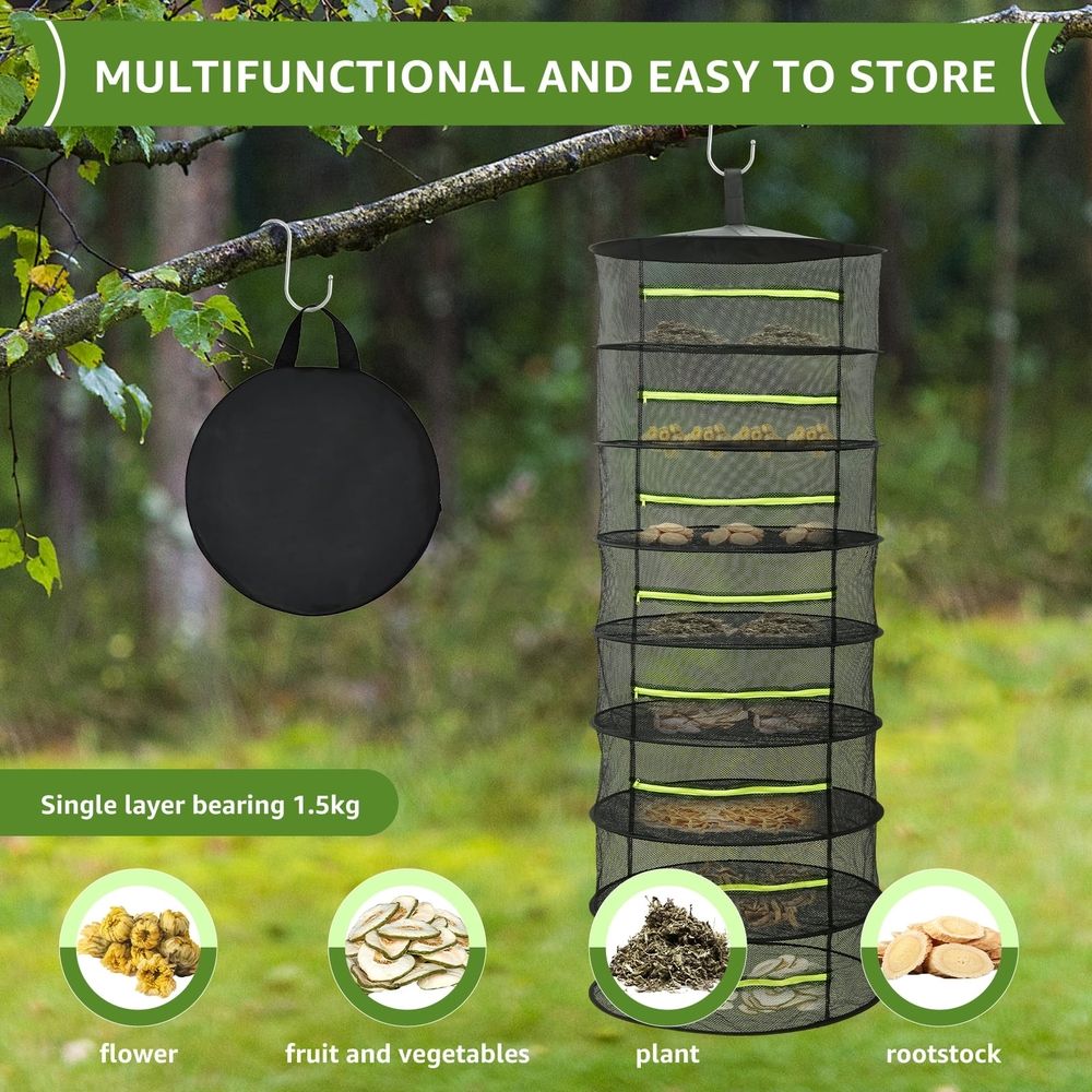 8 Layer Nylon Herb Drying Rack, Collapsible Plant Dryer Net, Well Vented Hanging Drying Rack Mesh with Zipper, 23.6 x 66.9 inches for Grow Tent Herbs Flowers Buds