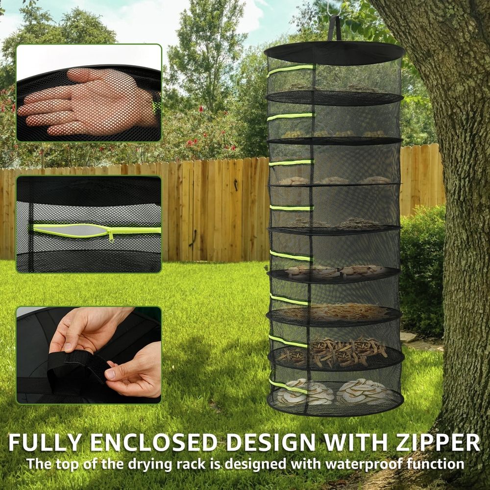 8 Layer Nylon Herb Drying Rack, Collapsible Plant Dryer Net, Well Vented Hanging Drying Rack Mesh with Zipper, 23.6 x 66.9 inches for Grow Tent Herbs Flowers Buds