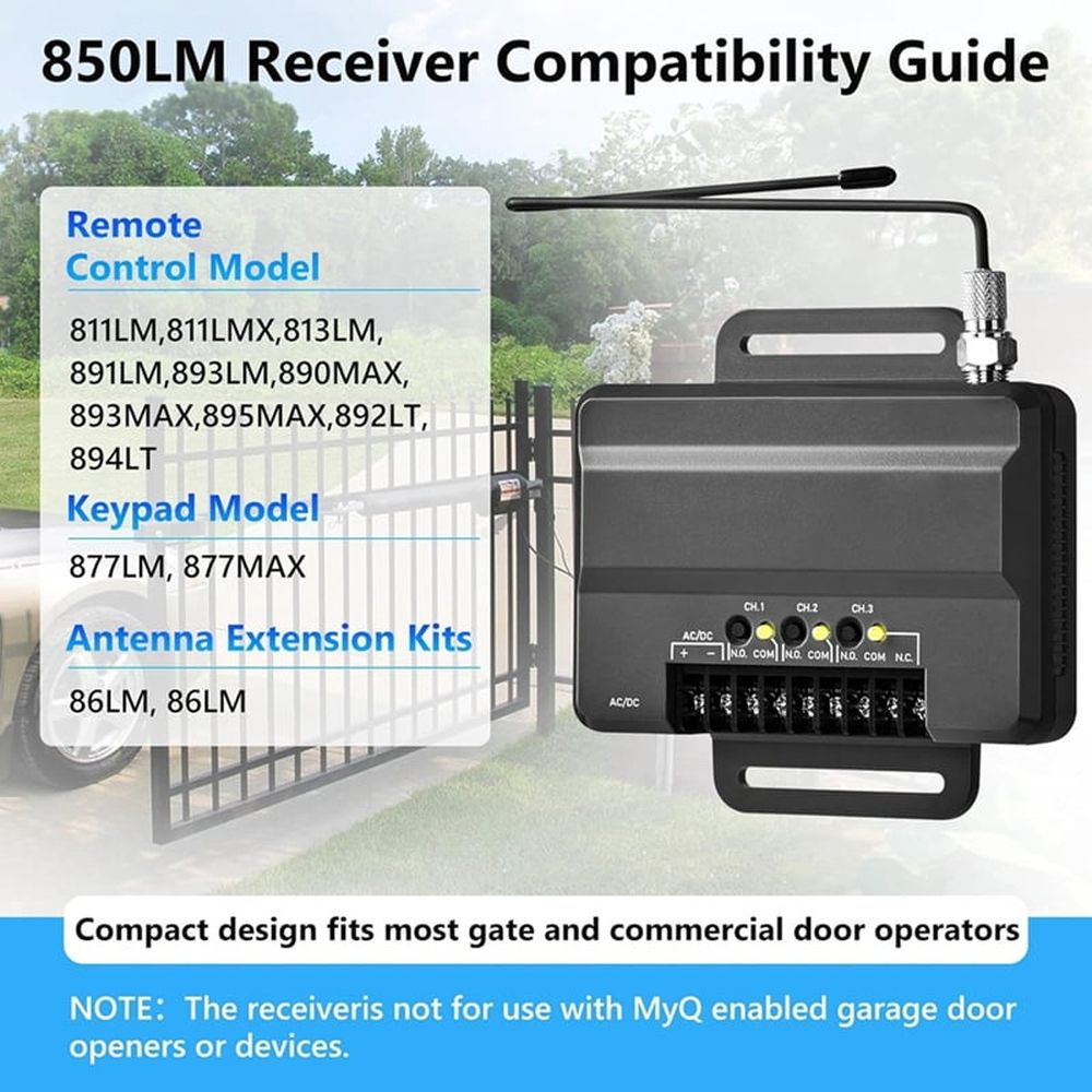 850LM Universal Receiver - Door and Garage Door Opener the 850LM Can Control Up to 3 Doors or Garage Door Openers