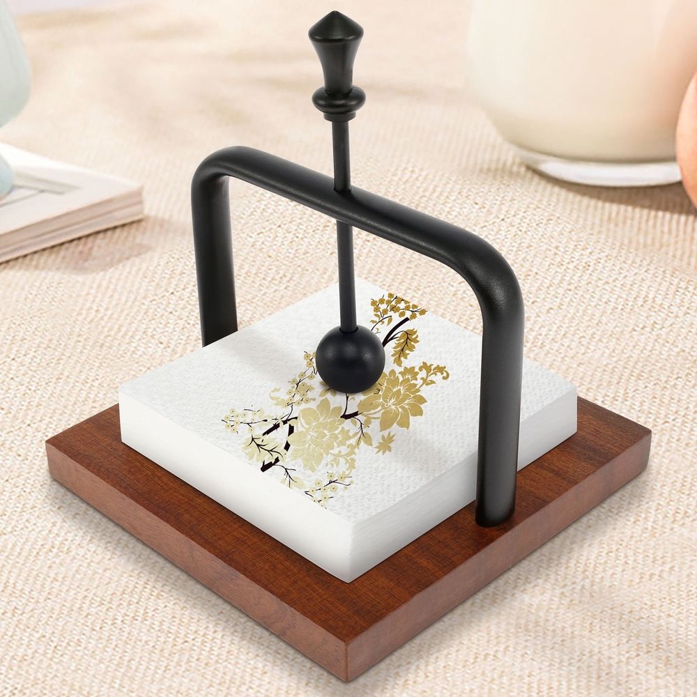 Wood Napkin Holder for Table, Square Tabletop Napkin Dispenser, Cocktail Napkin Holder with Sophisticatedly Metal Center Bar, for Home, Kitchen, Office, Restaurant, Hotel, Cafe, Bar