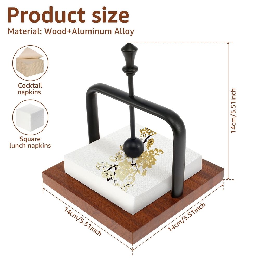 Wood Napkin Holder for Table, Square Tabletop Napkin Dispenser, Cocktail Napkin Holder with Sophisticatedly Metal Center Bar, for Home, Kitchen, Office, Restaurant, Hotel, Cafe, Bar