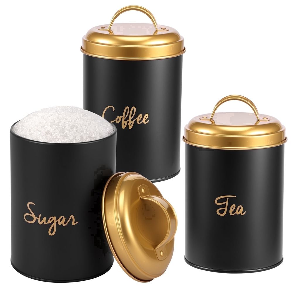 3-Piece Kitchen Canister Set, Farmhouse Coffee Tea Sugar Airtight Containers for Countertop, Rustic Metal Storage Jars