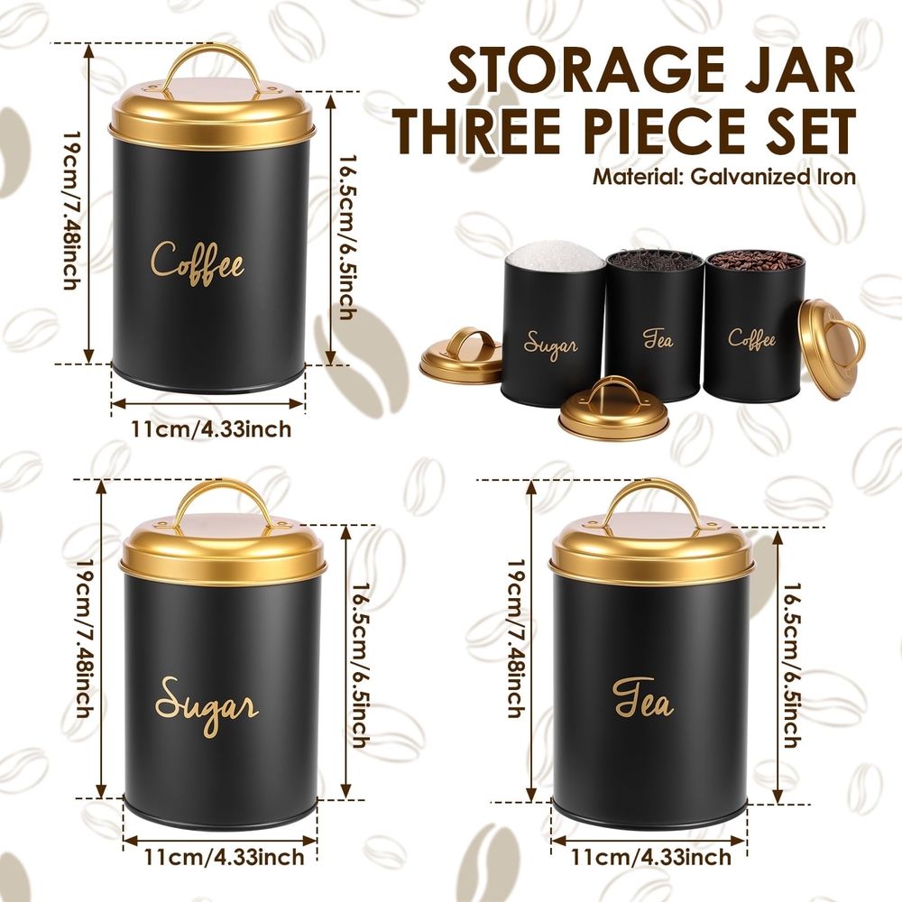 3-Piece Kitchen Canister Set, Farmhouse Coffee Tea Sugar Airtight Containers for Countertop, Rustic Metal Storage Jars