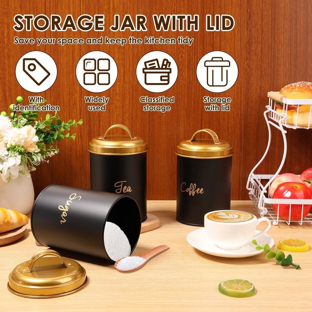 3-Piece Kitchen Canister Set, Farmhouse Coffee Tea Sugar Airtight Containers for Countertop, Rustic Metal Storage Jars