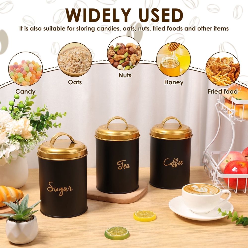 3-Piece Kitchen Canister Set, Farmhouse Coffee Tea Sugar Airtight Containers for Countertop, Rustic Metal Storage Jars