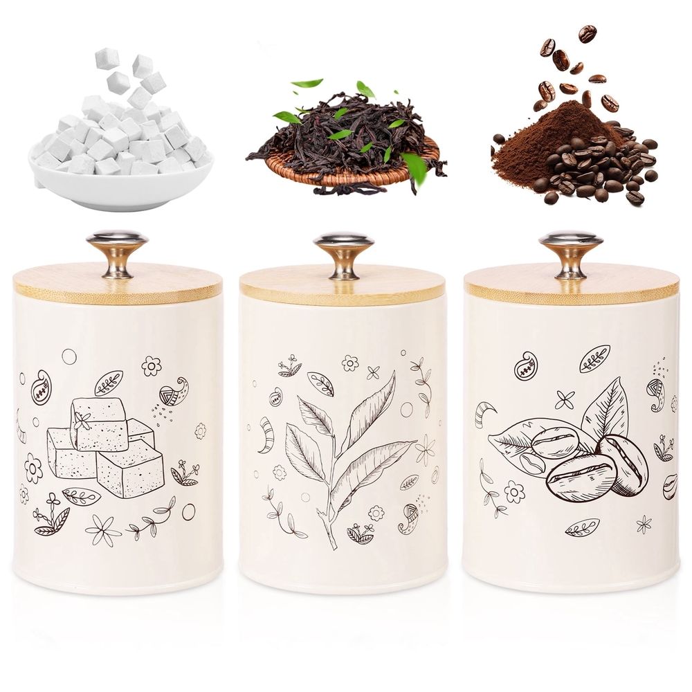 3 Pack Metal Kitchen Canister Set, 25 OZ Coffee Sugar Tea Canister Jars, Kitchen Airtight Food Storage Jars, Airtight Coffee Container, Tea Organizer, Sugar Canister with Airtight Wooden Lid