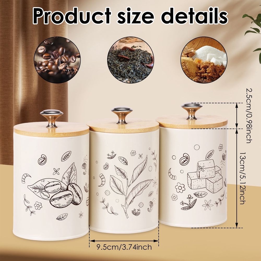 3 Pack Metal Kitchen Canister Set, 25 OZ Coffee Sugar Tea Canister Jars, Kitchen Airtight Food Storage Jars, Airtight Coffee Container, Tea Organizer, Sugar Canister with Airtight Wooden Lid