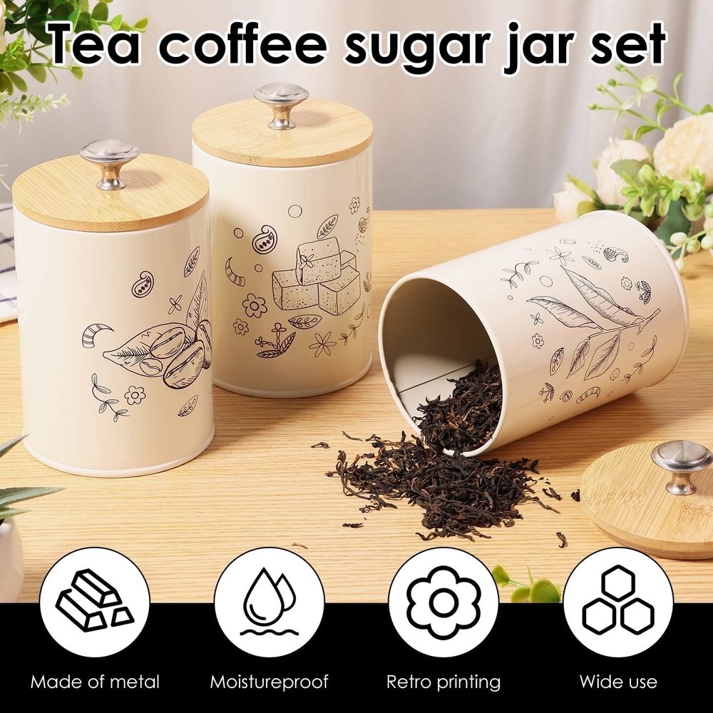 3 Pack Metal Kitchen Canister Set, 25 OZ Coffee Sugar Tea Canister Jars, Kitchen Airtight Food Storage Jars, Airtight Coffee Container, Tea Organizer, Sugar Canister with Airtight Wooden Lid