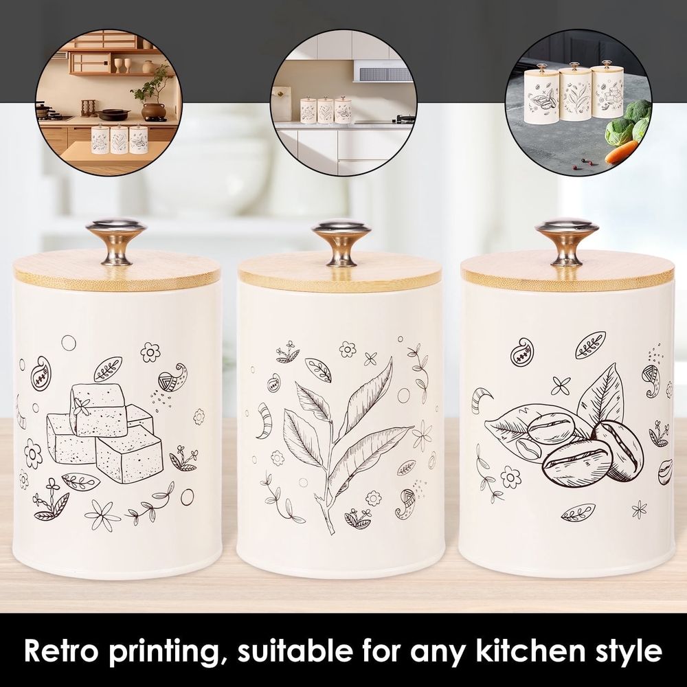 3 Pack Metal Kitchen Canister Set, 25 OZ Coffee Sugar Tea Canister Jars, Kitchen Airtight Food Storage Jars, Airtight Coffee Container, Tea Organizer, Sugar Canister with Airtight Wooden Lid