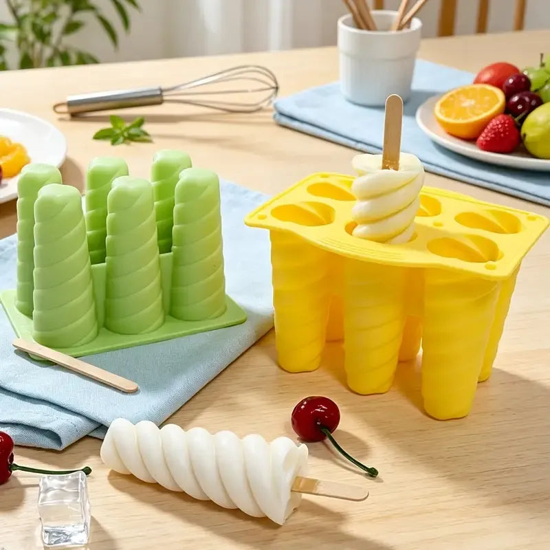 6-Cavity Spiral Ice Pop Mould, Silicone with Dust Covers, White Colour