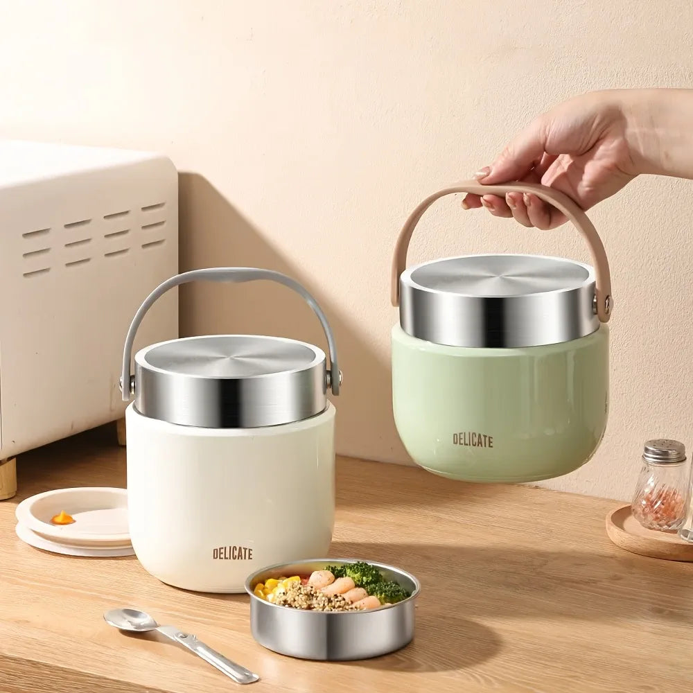 304 Stainless Steel Thermal Food Jar Long Lasting Warmth 6-12H Leakproof with Folding Spoon Commute Outdoor(white)