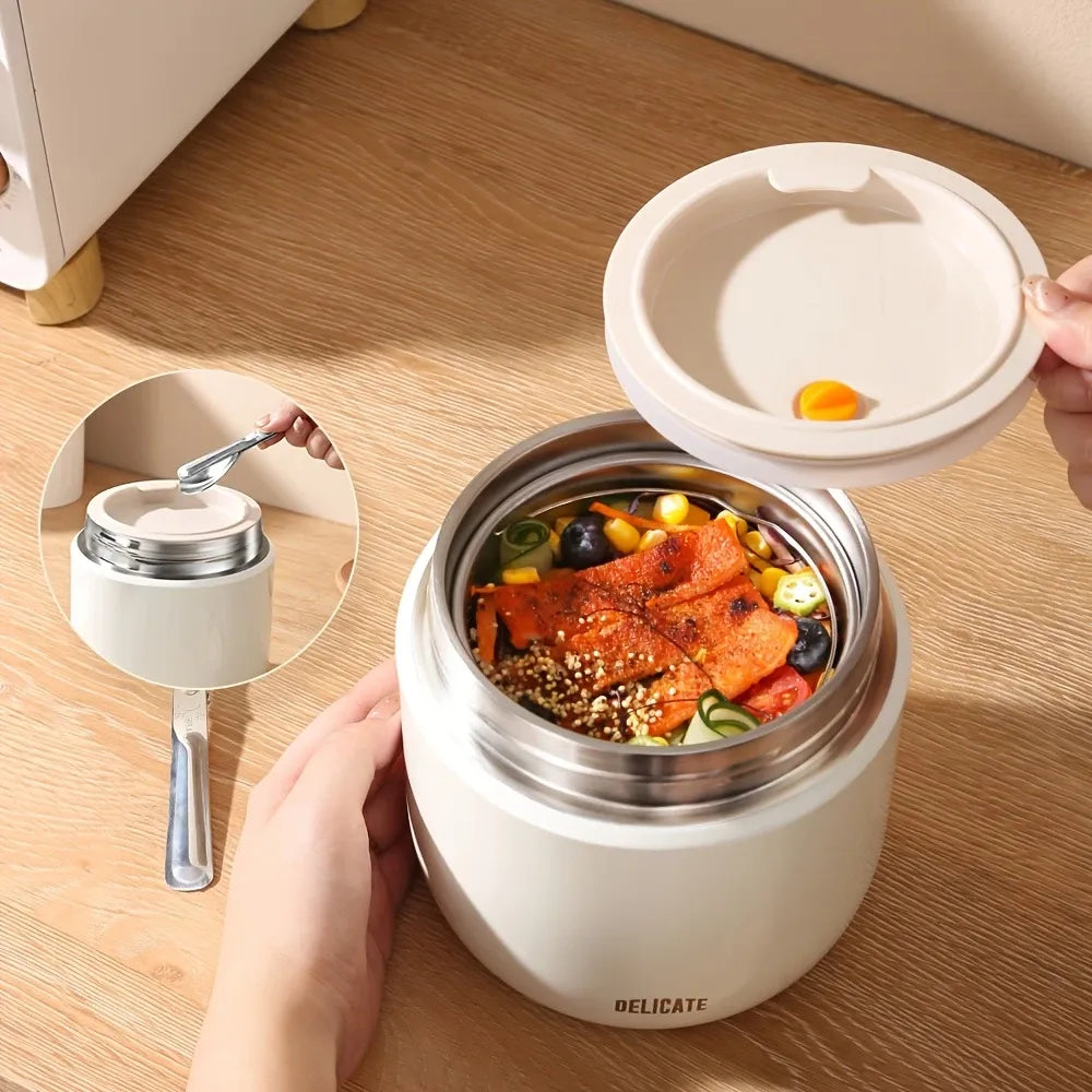 304 Stainless Steel Thermal Food Jar Long Lasting Warmth 6-12H Leakproof with Folding Spoon Commute Outdoor(white)