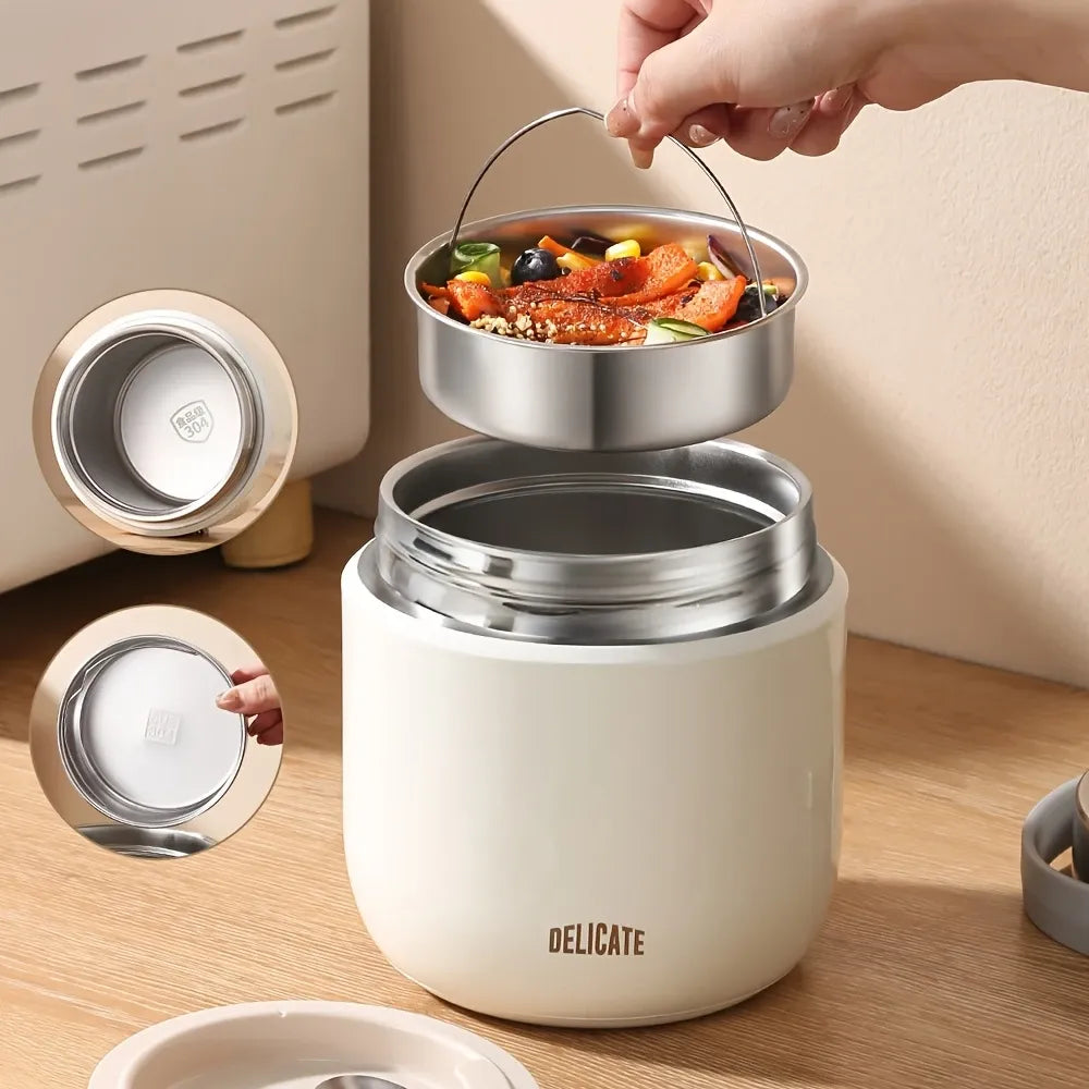 304 Stainless Steel Thermal Food Jar Long Lasting Warmth 6-12H Leakproof with Folding Spoon Commute Outdoor(white)