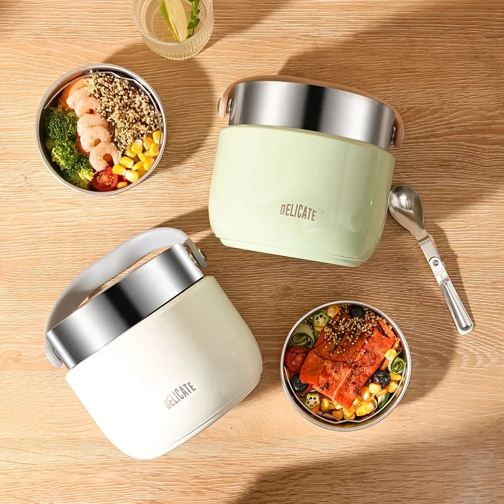 304 Stainless Steel Thermal Food Jar Long Lasting Warmth 6-12H Leakproof with Folding Spoon Commute Outdoor(white)