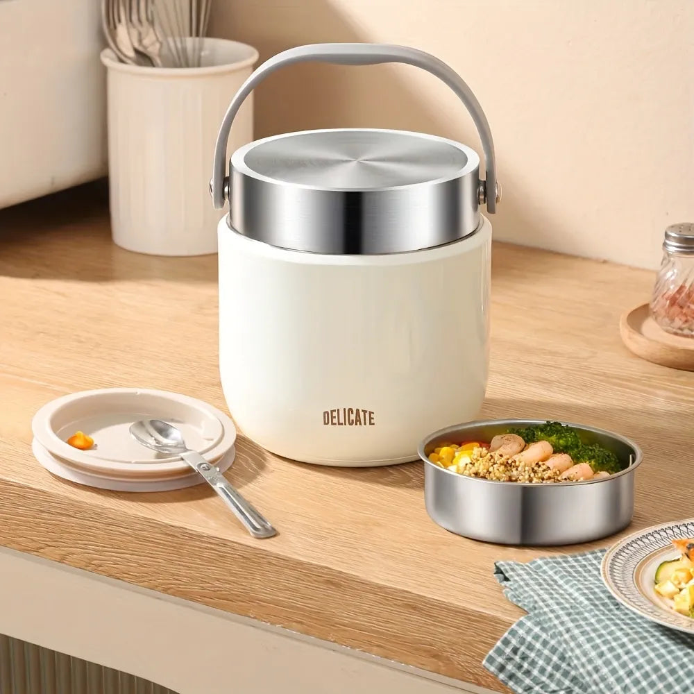 304 Stainless Steel Thermal Food Jar Long Lasting Warmth 6-12H Leakproof with Folding Spoon Commute Outdoor(white)