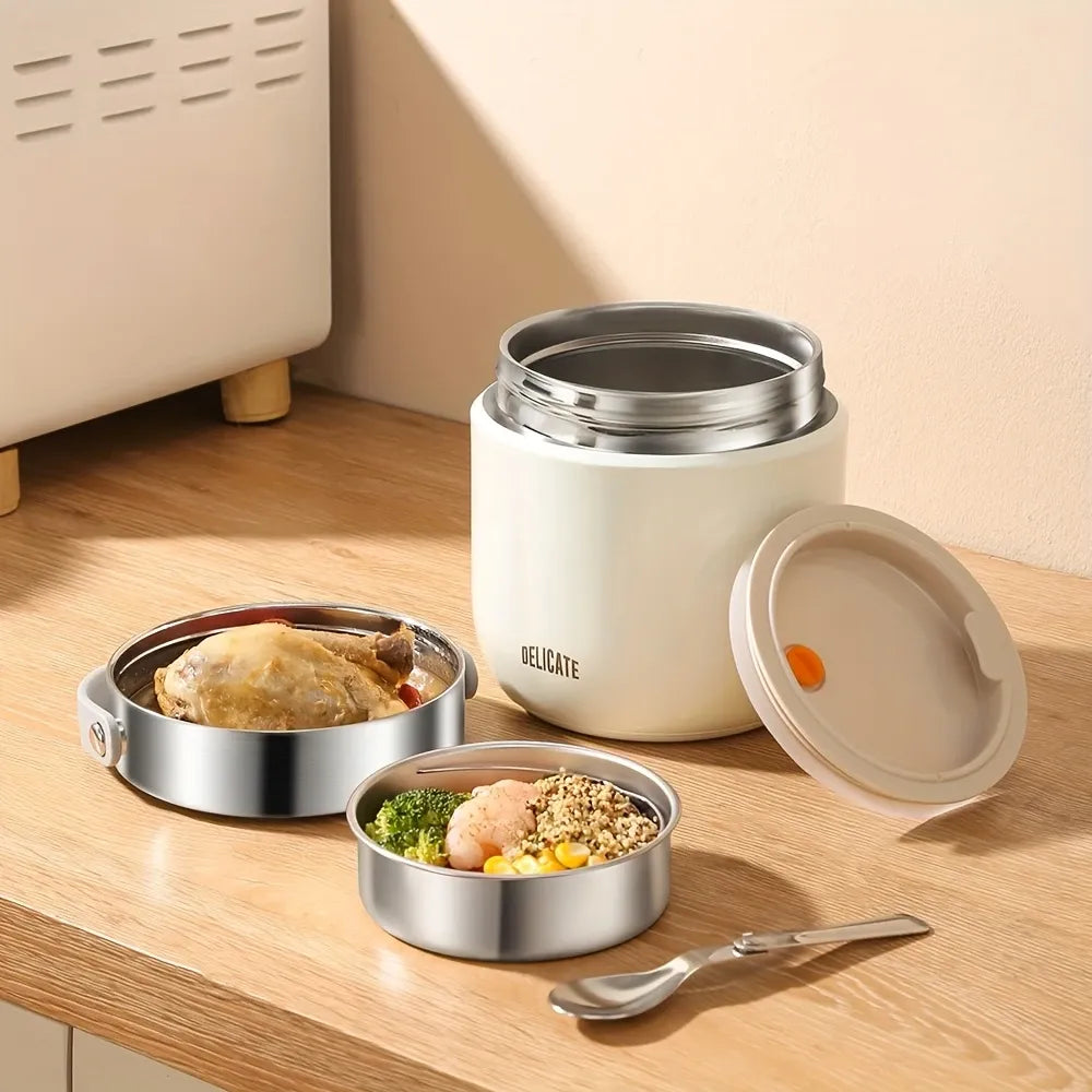 304 Stainless Steel Thermal Food Jar Long Lasting Warmth 6-12H Leakproof with Folding Spoon Commute Outdoor(white)