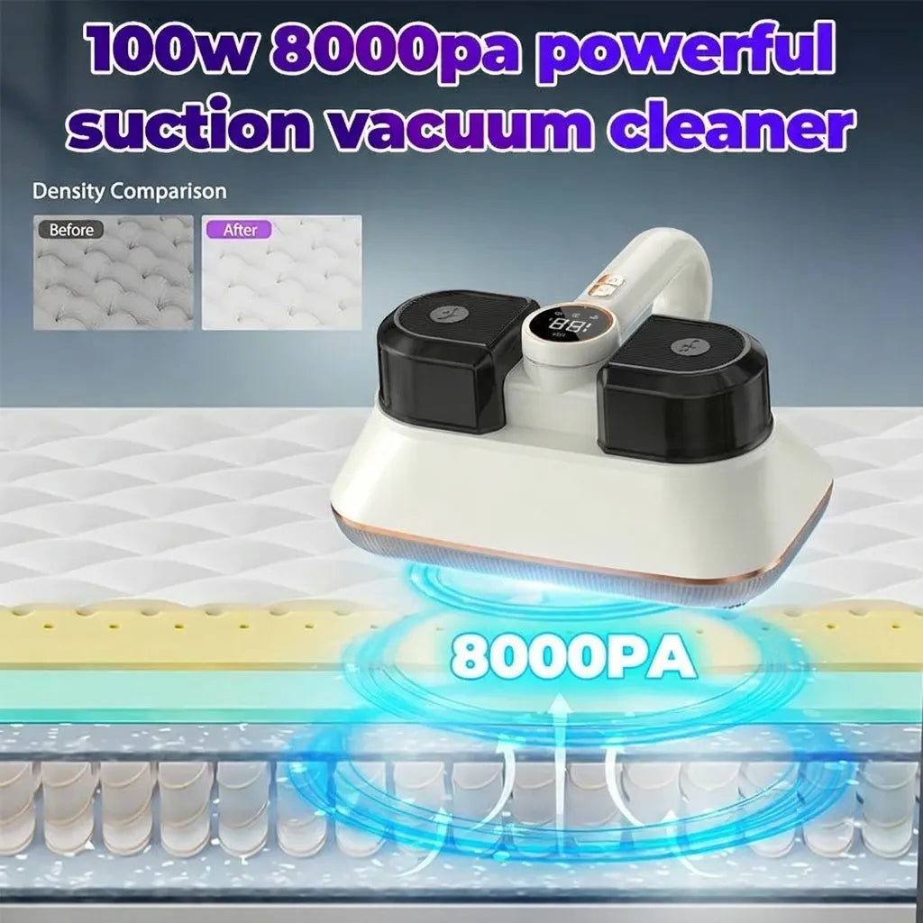 Wireless Smart Mite Vacuum, 8000Pa Strong Suction & High-Frequency Tapping, HEPA Filtration, Deep Cleaning for Whole Home.(WHITE)