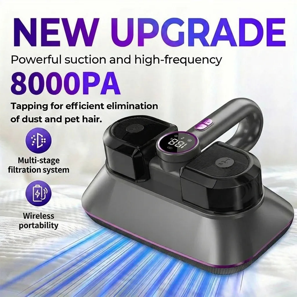 Wireless Smart Mite Vacuum, 8000Pa Strong Suction & High-Frequency Tapping, HEPA Filtration, Deep Cleaning for Whole Home.(silvery grey)