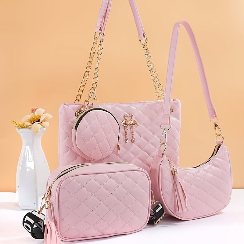 Quilted 4-Piece Bag Set, Large Tote & Crossbody Combo with Tassel Chain(white)