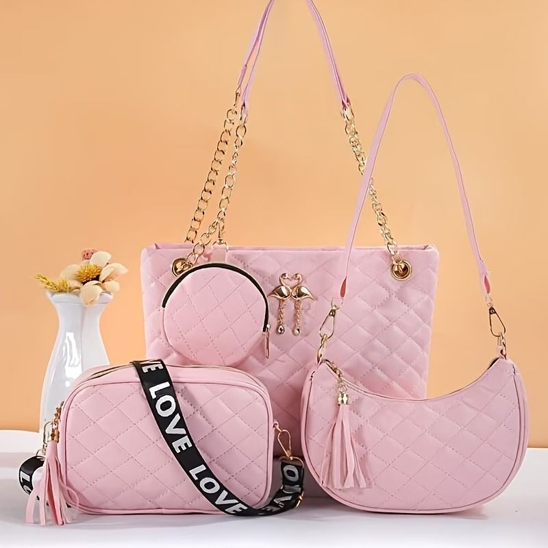 Quilted 4-Piece Bag Set, Large Tote & Crossbody Combo with Tassel Chain(BLACK)