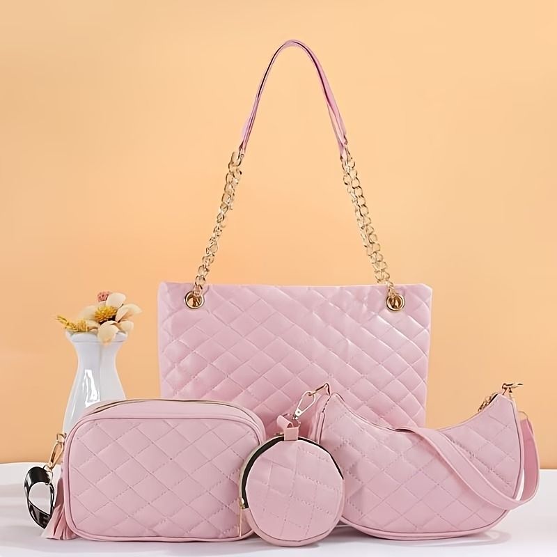 Quilted 4-Piece Bag Set, Large Tote & Crossbody Combo with Tassel Chain(BLACK)