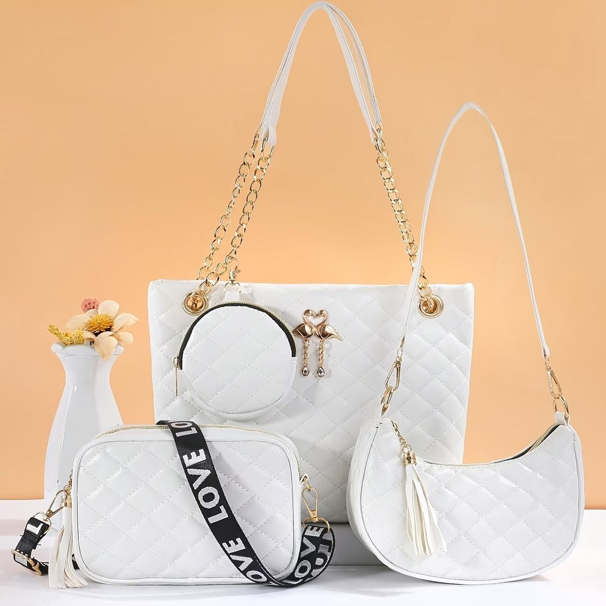 Quilted 4-Piece Bag Set, Large Tote & Crossbody Combo with Tassel Chain(BLACK)