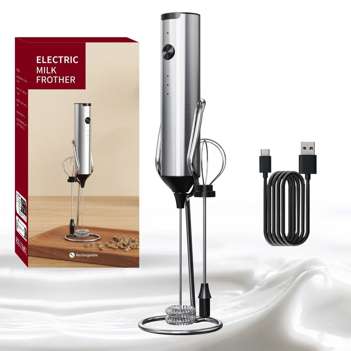 Electric Milk Frother Egg Beater 2-in-1 Type-C Charging 304 Stainless Steel 3-Speed Adjustable Dual Replaceable Heads 1500mAh Coffee Foaming Baking Artifact.*(Double-layer electric milk bubbler+egg beater+storage bracket +TypeC charging cable)