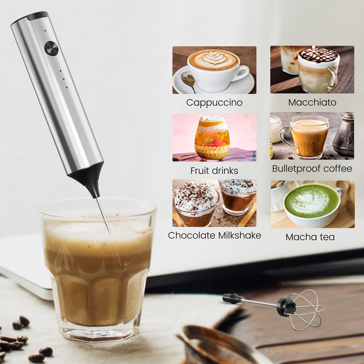 Electric Milk Frother Egg Beater 2-in-1 Type-C Charging 304 Stainless Steel 3-Speed Adjustable Dual Replaceable Heads 1500mAh Coffee Foaming Baking Artifact.*(Double-layer electric milk bubbler+egg beater+storage bracket +TypeC charging cable)