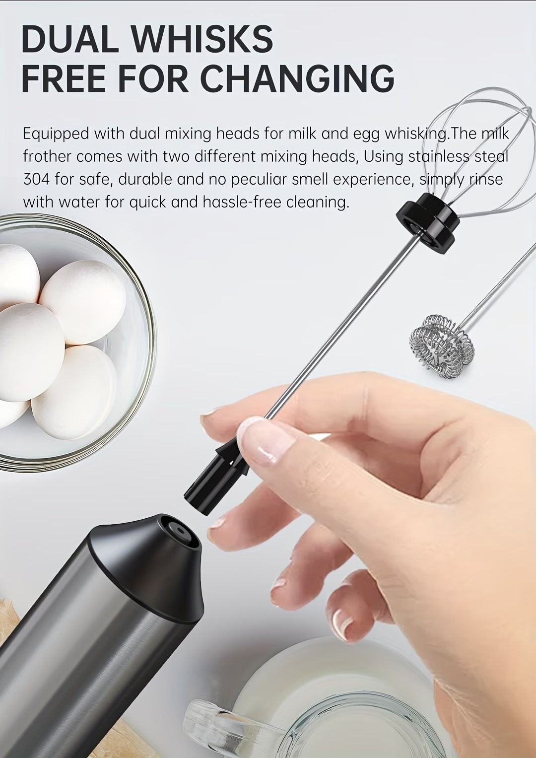 Electric Milk Frother Egg Beater 2-in-1 Type-C Charging 304 Stainless Steel 3-Speed Adjustable Dual Replaceable Heads 1500mAh Coffee Foaming Baking Artifact.*(Double-layer electric milk bubbler+egg beater+storage bracket +TypeC charging cable)