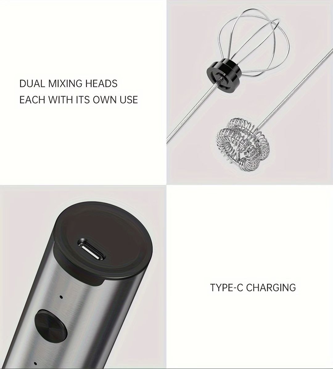 Electric Milk Frother Egg Beater 2-in-1 Type-C Charging 304 Stainless Steel 3-Speed Adjustable Dual Replaceable Heads 1500mAh Coffee Foaming Baking Artifact.*(Double-layer electric milk bubbler+egg beater+storage bracket +TypeC charging cable)