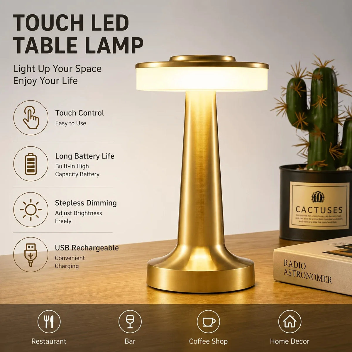 Restaurant, Bar & Cafe Ambiance Light: Luxury Metal Wireless Lamp, Touch Dimming, A Stylish Choice（bronze）
