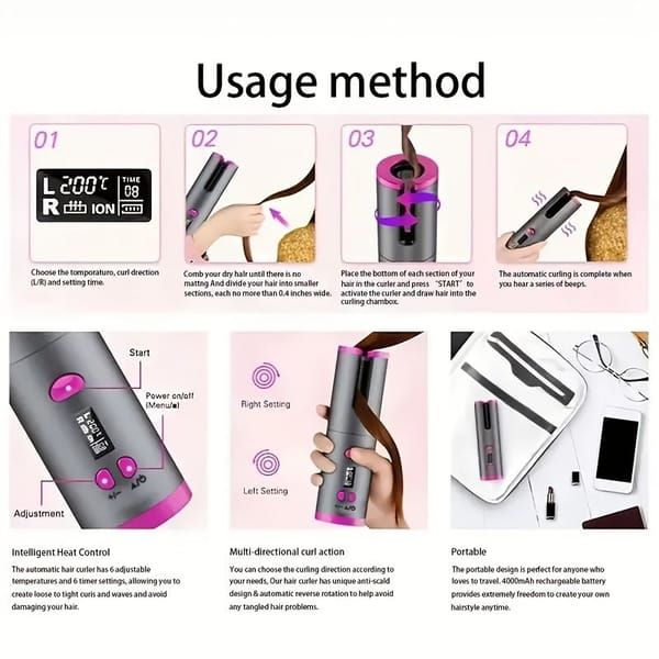 Automatic Hair Curler, Cordless Rechargeable Curling Iron with 6 Temp & Timer, Anti-Scald Portable Hair Curler for Travel(white )