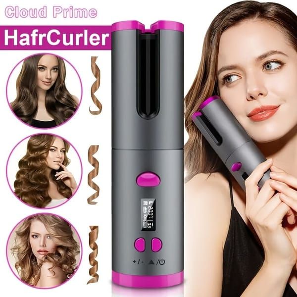 Automatic Hair Curler, Cordless Rechargeable Curling Iron with 6 Temp & Timer, Anti-Scald Portable Hair Curler for Travel(white )