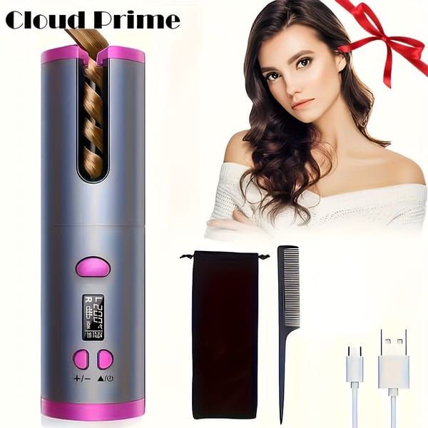 Automatic Hair Curler, Cordless Rechargeable Curling Iron with 6 Temp & Timer, Anti-Scald Portable Hair Curler for Travel(white )