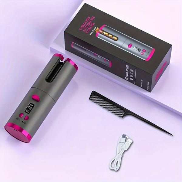Automatic Hair Curler, Cordless Rechargeable Curling Iron with 6 Temp & Timer, Anti-Scald Portable Hair Curler for Travel(white )