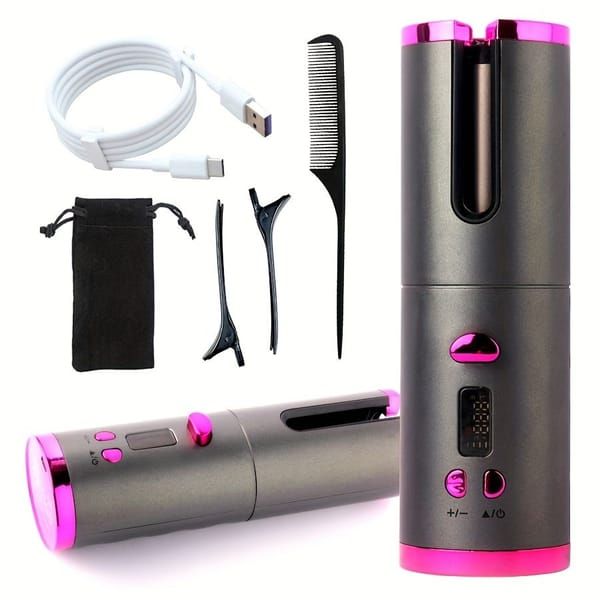 Automatic Hair Curler, Cordless Rechargeable Curling Iron with 6 Temp & Timer, Anti-Scald Portable Hair Curler for Travel(white )