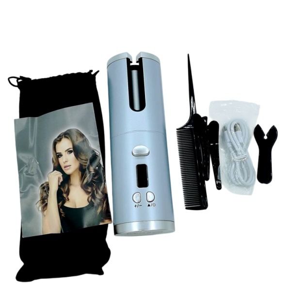 Automatic Hair Curler, Cordless Rechargeable Curling Iron with 6 Temp & Timer, Anti-Scald Portable Hair Curler for Travel(white )