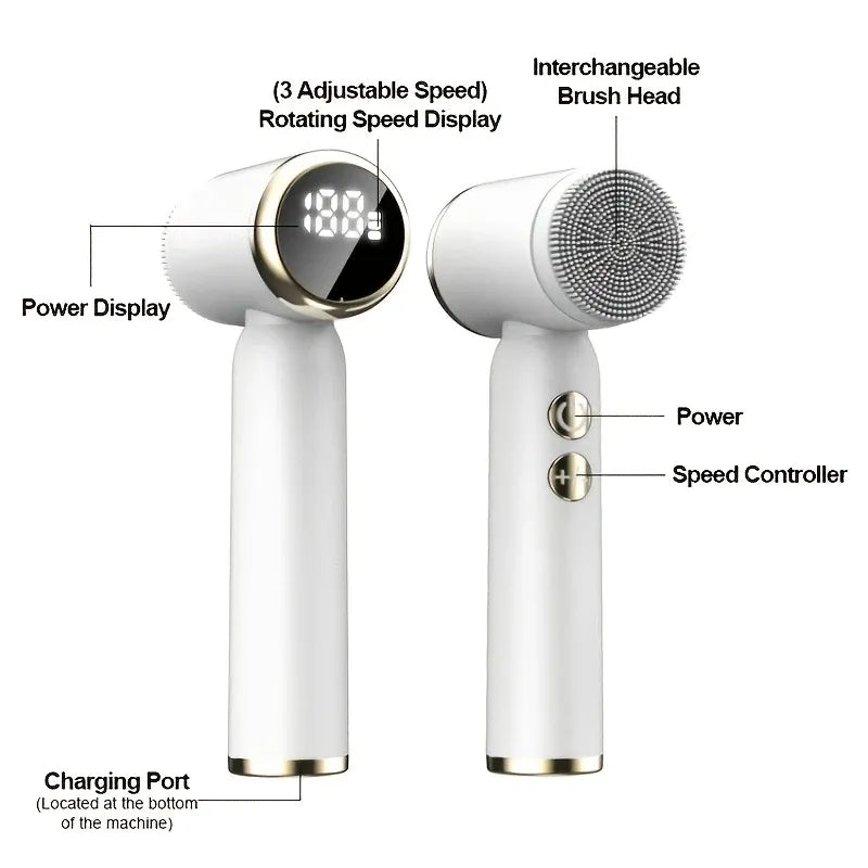 6-in-1 Electric Facial Cleanser, 3-Speed, LED Display（WHITE）