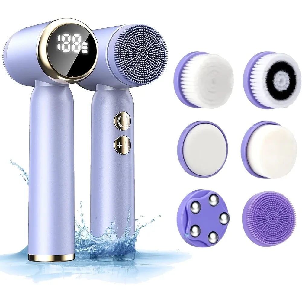 6-in-1 Electric Facial Cleanser, 3-Speed, LED Display（WHITE）
