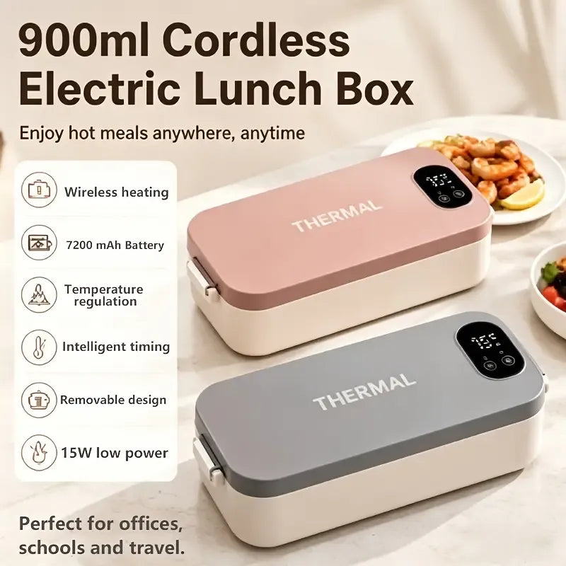 900ml Cordless Electric Heating Lunch Box, 7200mAh Battery, Grey Colour